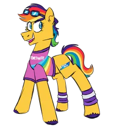 Size: 900x1000 | Tagged: safe, artist:fuckomcfuck, derpibooru import, oc, oc:fortnite, earth pony, pony, #1, clothes, fortnite, goggles, image, multicolored hair, png, rainbow hair, shirt, simple background, solo, transparent background, victory royal