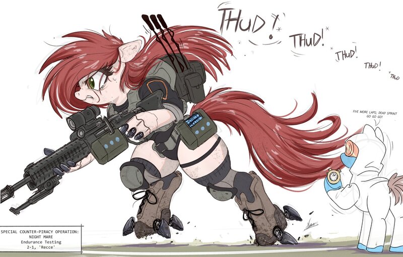 Size: 1500x957 | Tagged: safe, artist:ncmares, derpibooru import, cyborg, earth pony, pony, semi-anthro, artificial feet, artificial hands, backpack, big mare, bipedal, butt, clothes, cyberpunk, female, garter, gun, image, jpeg, knee pads, lab coat, machine gun, mare, onomatopoeia, plot, radio, running, shoes, socks, soldier, soldier pony, stopwatch, tactical vest, talking, text, weapon