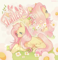 Size: 1280x1315 | Tagged: safe, artist:hannipw, derpibooru import, fluttershy, pegasus, pony, blushing, concerned, female, flower, frown, g4, grass, green eyes, hair over one eye, image, jpeg, leaves, looking at you, lying down, lying in grass, mare, partially open wings, pink mane, pink tail, pink text, signature, sitting, spread wings, tail, text, watermark, wingding eyes, wings