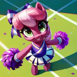 Size: 2080x2080 | Tagged: safe, ai content, derpibooru import, machine learning generated, prompter:ramprover, stable diffusion, cheerilee, pony, bipedal, bow, cheerleader, cheerleader outfit, clothes, cute, female, g4, generator:pony diffusion v6 xl, generator:purplesmart.ai, hair bow, high angle, image, jpeg, looking at you, mare, outdoors, prompt in description, skirt, smiling, solo