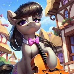 Size: 2080x2080 | Tagged: safe, ai content, derpibooru import, machine learning generated, prompter:ramprover, stable diffusion, octavia melody, pony, bipedal, bowtie, cello, chest fluff, cute, ear fluff, female, g4, generator:pony diffusion v6 xl, generator:purplesmart.ai, image, jpeg, long eyelashes, looking at you, low angle, mare, musical instrument, outdoors, ponyville, prompt in description, smiling, smug, solo