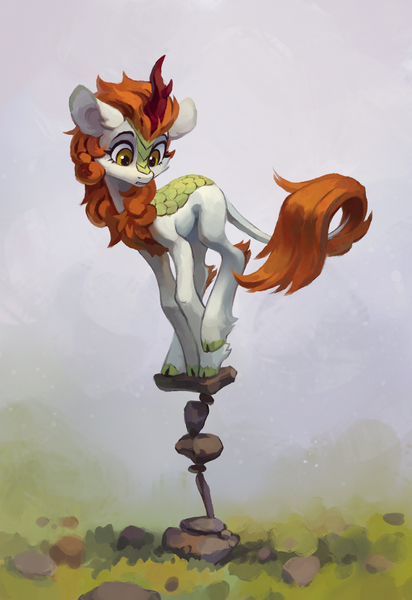 Size: 2413x3511 | Tagged: safe, artist:koviry, derpibooru import, autumn blaze, kirin, pony, awwtumn blaze, balancing, cairn, cloven hooves, colored hooves, confused, cute, digital painting, ear fluff, female, frown, g4, grass, image, leg fluff, leonine tail, long legs, looking down, mare, png, quadrupedal, raised hoof, raised leg, rock, solo, tail, wide eyes