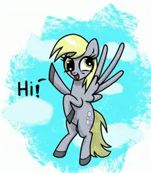 Size: 2552x2922 | Tagged: safe, artist:scandianon, derpibooru import, derpy hooves, pegasus, pony, female, flying, image, jpeg, looking at you, mare, open mouth, open smile, sky, smiling, smiling at you, talking to viewer, waving