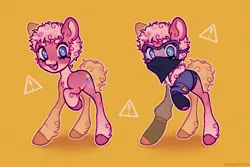 Size: 1087x724 | Tagged: safe, artist:emobricosss, derpibooru import, pinkie pie, earth pony, pony, alternate color palette, alternate design, alternate hairstyle, alternate tailstyle, bandana, beanbrows, blue eyes, buzzcut, chest fluff, clothes, coat markings, colored eyebrows, colored hooves, colored muzzle, curly mane, curly tail, cutie mark, ear fluff, eyebrows, eyelashes, female, fetlock tuft, freckles, g4, gloves, goggles, hoof fluff, image, infection au, jacket, jpeg, looking at you, mare, mlp infection, open mouth, open smile, pale belly, pink mane, pink tail, raised hoof, redesign, simple background, smiling, socks (coat marking), tail, teeth, texture, warning sign, wingding eyes, yellow background