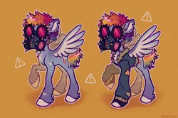 Size: 1098x728 | Tagged: safe, artist:emobricosss, derpibooru import, rainbow dash, pegasus, pony, alternate design, alternate hairstyle, alternate tailstyle, buzzcut, clothes, coat markings, colored eartips, colored hoof, colored hooves, colored wings, colored wingtips, curly mane, curly tail, ear piercing, earring, female, fetlock tuft, g4, gas mask, gloves, goggles, image, infection au, jacket, jewelry, jpeg, mare, mask, mlp infection, multicolored hair, multicolored mane, multicolored tail, piercing, rainbow hair, rainbow tail, raised hoof, redesign, short mane, short tail, simple background, socks (coat marking), spread wings, tail, texture, torn ear, two toned wings, warning sign, wings, yellow background