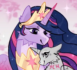 Size: 2946x2697 | Tagged: safe, artist:topolok, derpibooru import, princess twilight 2.0, twilight sparkle, twilight sparkle (alicorn), alicorn, pony, the last problem, commission, crown, duo, female, g4, horn, image, jewelry, mare, neck fluff, older, older twilight, older twilight sparkle (alicorn), peytral, png, regalia, smiling, sparkles, wings, ych result, your character here