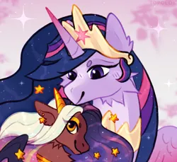 Size: 2946x2697 | Tagged: safe, artist:topolok, derpibooru import, princess twilight 2.0, twilight sparkle, twilight sparkle (alicorn), oc, alicorn, pony, the last problem, commission, crown, duo, ear piercing, earring, female, g4, horn, image, jewelry, mare, neck fluff, older, older twilight, older twilight sparkle (alicorn), peytral, piercing, png, regalia, smiling, sparkles, wings, ych result