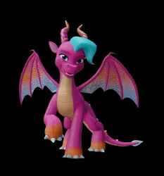 Size: 1186x1271 | Tagged: safe, artist:fynamic, derpibooru import, dragon, g5, my little pony: make your mark, 3d, 3d model, black background, blaize skysong, blender, blender cycles, claws, dragoness, female, horns, image, jpeg, looking at you, open mouth, open smile, raised claw, simple background, smiling, solo, spread wings, tail, wings