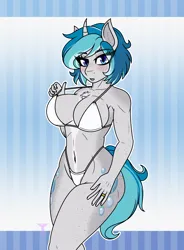 Size: 2800x3800 | Tagged: suggestive, artist:terton, derpibooru import, oc, oc:bubble lee, unofficial characters only, anthro, pony, unguligrade anthro, unicorn, anthro oc, belly button, bikini, birthday gift, blushing, breasts, busty oc, clothes, commission, curved horn, digital art, female, freckles, gift art, horn, image, jewelry, lidded eyes, mare, png, ring, solo, solo female, swimsuit, unicorn oc, wedding ring