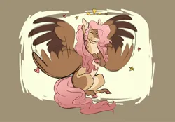 Size: 2360x1640 | Tagged: safe, artist:angstyram, derpibooru import, fluttershy, pegasus, pony, alternate design, brown background, cute, eyes closed, female, flapping wings, image, jpeg, mare, missing cutie mark, shyabetes, simple background, sitting up, smiling, solo, twitterina design, wings