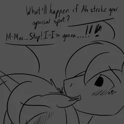 Size: 2500x2500 | Tagged: suggestive, artist:inlustriusghost, big macintosh, oc, oc:bright sight, earth pony, pony, unicorn, bed, bedroom eyes, biting, blushing, canon x oc, cuddling, dialogue, ear bite, exclamation point, eyes closed, freckles, gay, grope, horn, image, male, moaning, molestation, monochrome, on bed, personal space invasion, png, shipping, sleep molestation, sleeping, smiling, spooning, stallion, unicorn oc, whispering