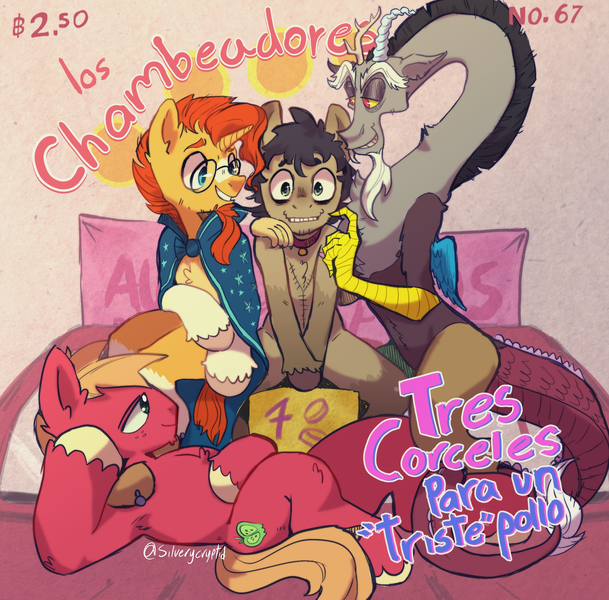 Size: 1909x1880 | Tagged: suggestive, artist:silverycryptid, derpibooru import, big macintosh, discord, sunburst, oc, oc:nightshade bloom, draconequus, earth pony, pony, semi-anthro, unicorn, canon x oc, chambeadoras, draw me like one of your french girls, g4, gay, harem, image, joke, lying down, male, males only, on back, png, redraw, selfship, spanish, stallion, text