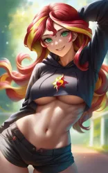 Size: 640x1024 | Tagged: suggestive, ai content, derpibooru import, editor:sammykun, machine learning generated, stable diffusion, sunset shimmer, human, arm behind head, belly button, breasts, busty sunset shimmer, clothes, cropped, curvy, cutie mark, cutie mark on clothes, denim, denim shorts, detailed, female, generator:pony diffusion v6 xl, generator:purplesmart.ai, hoodie, hourglass figure, humanized, image, long hair, long sleeves, midriff, png, pose, posing for photo, prompter:sammykun, sexy, shorts, slender, smiling, solo, stupid sexy sunset shimmer, sultry pose, teeth, thin, underboob, wide hips