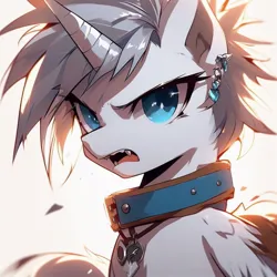 Size: 1000x1000 | Tagged: safe, ai content, derpibooru import, machine learning generated, oc, pony, unicorn, blue eyes, collar, ear piercing, earring, eyelashes, fangs, feral, generator:dall-e 3, grey hair, image, jewelry, jpeg, light skin, male, piercing, simple background, solo, stallion, white background