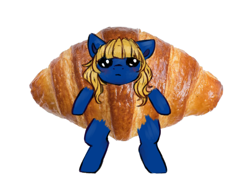 Size: 800x600 | Tagged: safe, artist:ghostyglue, derpibooru import, oc, oc:snus, earth pony, blue fur, blushing, bread, clone, croissant, food, image, png, silly, simple background, solo, transparent background, yellow mane