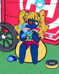 Size: 1024x1280 | Tagged: safe, artist:ghostyglue, derpibooru import, oc, oc:snus, anatomically incorrect, balloon dog, blue fur, clown, clown nose, complex background, grass, hair tie, hairclip, ham slice, heart, hmart, hooves, image, incorrect leg anatomy, overall shorts, pet bowl, pigtails, png, red nose, silly, sitting, wagon, yellow mane