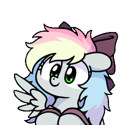 Size: 500x500 | Tagged: safe, artist:sugar morning, derpibooru import, oc, oc:blazey sketch, unofficial characters only, pegasus, bow, clothes, gif, green eyes, grey fur, hair bow, image, multicolored hair, simple background, solo, sweater, transparent background, wiggle
