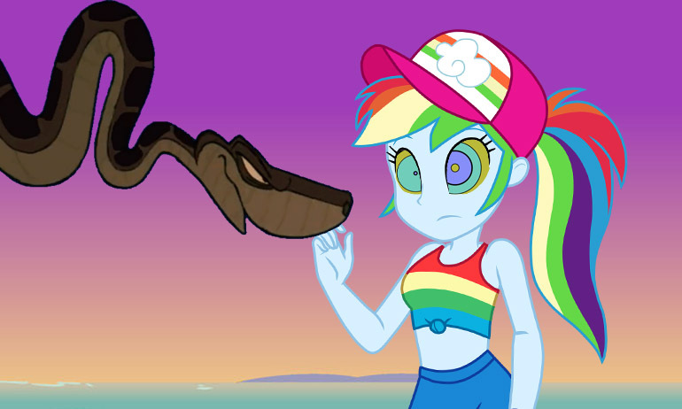 Size: 770x462 | Tagged: safe, artist:ocean lover, derpibooru import, edit, vector edit, rainbow dash, python, snake, equestria girls, equestria girls series, spring breakdown, spoiler:eqg series (season 2), antagonist, beach, cap, clothes, crossover, disney, evil grin, front knot midriff, gradient background, grin, hat, hypno eyes, hypnosis, hypnotized, image, jpeg, kaa, kaa eyes, link, link in description, looking at each other, looking at someone, midriff, multicolored hair, ocean, outdoors, ponytail, purple sky, rainbow hair, smiling, story in the source, sunset, tanktop, the legend of zelda, this will not end well, thumbnail, vector, water, youtube link, youtube thumbnail