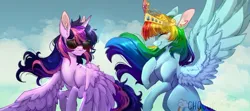 Size: 1929x857 | Tagged: safe, artist:chocori, derpibooru import, rainbow dash, twilight sparkle, twilight sparkle (alicorn), alicorn, pegasus, pony, cloud, crown, duo, duo female, eyebrows, eyebrows visible through hair, eyes closed, female, flying, g4, hoof on chest, image, jewelry, jpeg, personality swap, regalia, role reversal, sky, smiling, spread wings, sunglasses, watermark, wings