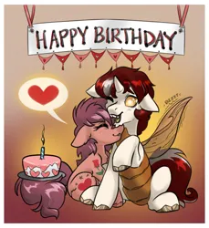 Size: 1875x2048 | Tagged: safe, artist:opalacorn, derpibooru import, oc, oc:biepbot, oc:mango dream, unofficial characters only, changeling, earth pony, pony, waspling, banner, birthday cake, cake, changeling oc, commission, duo, duo male and female, eyes closed, female, floppy ears, food, gradient background, heart, image, jpeg, male, mare, nuzzling, pictogram