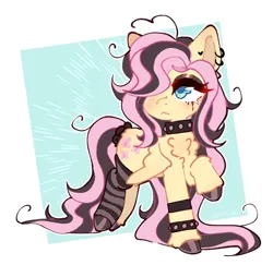 Size: 1021x991 | Tagged: safe, artist:kitoreii, derpibooru import, fluttershy, pegasus, pony, ahoge, alternate hair color, black hooves, blue eyes, blushing, bracelet, chest fluff, choker, clothes, colored hooves, colored pinnae, dyed mane, ear piercing, emo, emoshy, eyelashes, eyeshadow, frown, g4, hair over one eye, hoof polish, image, jewelry, jpeg, leg fluff, leg warmers, makeup, messy mane, messy tail, multicolored mane, multicolored tail, piercing, raised hoof, simple background, socks, solo, spiked choker, spiked wristband, standing, striped socks, studded bracelet, studded choker, tail, two toned mane, unshorn fetlocks, wingding eyes, wings, wings down, wristband
