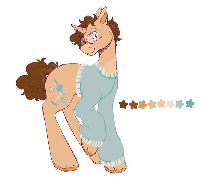 Size: 1825x1640 | Tagged: safe, artist:bksocrazy, derpibooru import, ponified, pony, unicorn, brown mane, brown tail, clothes, color palette, colored eartips, colored hooves, colored muzzle, colored pinnae, curly mane, curly tail, cutie mark, glasses, image, jpeg, looking sideways, male, raised hoof, round glasses, short mane, simple background, smiling, solo, stallion, standing, sweater, tail, unshorn fetlocks, wilbur soot