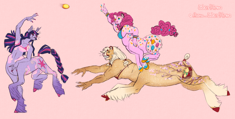 Size: 2337x1188 | Tagged: safe, artist:alphawerehimbo, derpibooru import, applejack, pinkie pie, twilight sparkle, taur, alternate design, ball, bikini, blonde, blue eyes, body freckles, bracelet, braid, braided tail, breasts, clothes, coat markings, colored hooves, colored muzzle, colored nails, crossover, curly hair, cutie mark, fangs, female, freckles, g4, gradient hooves, green eyes, horn, image, jewelry, jumping, lynel, multicolored hair, multicolored tail, pink background, pink eyes, pink hair, pink tail, playing, png, ponytail, ponytails, running, sharp nails, short tail, signature, simple background, smiling, straight hair, swimsuit, tail, the legend of zelda, throwing, tied tail, trio, trio female, twitterina design, unshorn fetlocks, yellow hair, yellow tail
