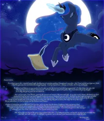 Size: 1300x1516 | Tagged: safe, artist:alshin, derpibooru import, princess luna, alicorn, pony, armor, bedroom eyes, cloud, cloudy, crossed hooves, cursive writing, eyes closed, female, g4, glow, glowing horn, horn, image, jpeg, letter, lidded eyes, lying down, magic, mare, moon, night, on a cloud, prone, quill, sitting, sitting on cloud, sky background, smiling, solo, stars, telekinesis, text, white text, writing
