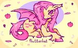 Size: 500x306 | Tagged: safe, artist:junnles, derpibooru import, fluttershy, bat, bat pony, pony, alternate cutie mark, apple, bat ponified, bat wings, blushing, cutie mark, ear fluff, fangs, female, flutterbat, food, g4, heart, image, jpeg, looking at you, lying down, makeup, pink hair, pink mane, race swap, red eyes, simple background, skull, solo, unshorn fetlocks, wings