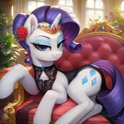 Size: 2048x2048 | Tagged: safe, ai content, derpibooru import, machine learning generated, stable diffusion, rarity, pony, unicorn, alternate hairstyle, bedroom eyes, black dress, clothes, couch, dress, ear fluff, female, flower, flower in hair, g4, gem, generator:pony diffusion v6 xl, hair bun, high res, image, indoors, jewelry, looking at you, lying down, mare, png, prompter:tyto4tme4l, seductive look, seductive pose, smiling, smiling at you, solo, tiara, window