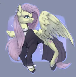 Size: 2006x2052 | Tagged: safe, artist:hard817, derpibooru import, fluttershy, pegasus, pony, cheek fluff, clothes, dress, female, fluttergoth, high res, image, lidded eyes, mare, png, purple background, signature, simple background, solo, turned head