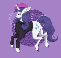 Size: 2417x2301 | Tagged: safe, artist:hard817, derpibooru import, rarity, pony, unicorn, beatnik rarity, beret, clothes, female, hat, high res, image, lidded eyes, mare, png, purple background, signature, simple background, solo, sweater