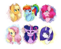 Size: 3099x2493 | Tagged: safe, artist:mojmojsanna, derpibooru import, applejack, fluttershy, pinkie pie, rainbow dash, rarity, twilight sparkle, twilight sparkle (alicorn), alicorn, earth pony, pegasus, pony, unicorn, alternate hairstyle, blush lines, blushing, bowl cut, bust, chest fluff, eye clipping through hair, grin, high res, image, looking up, loose hair, mane six, one eye closed, pigtails, png, ponytail, portrait, rainbow dash is not amused, redraw, short hair, short mane, simple background, smiling, sweat, twintails, unamused, white background, wink