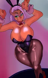 Size: 1800x2900 | Tagged: suggestive, artist:saulazuli, derpibooru import, oc, oc:00284, anthro, earth pony, absolute cleavage, big breasts, bowtie, breasts, bunny ears, bunny suit, cleavage, clothes, cuffs (clothes), curvy, face tattoo, female, high heels, hourglass figure, huge breasts, image, leotard, pantyhose, png, shoes, solo, solo female, tattoo, wide hips