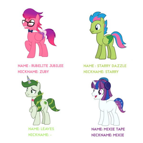 Size: 3600x3600 | Tagged: safe, artist:ramixe dash, derpibooru import, pegasus, pony, unicorn, g5, cassette jam, g4, g5 to g4, generation leap, glasses, image, luminous dazzle, male, png, ruby jubilee, rule 63, simple background, stallion, text, transparent background, 莉芙