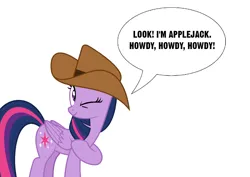 Size: 1588x1123 | Tagged: safe, derpibooru import, twilight sparkle, twilight sparkle (alicorn), alicorn, pony, cowboy hat, female, g4, hat, image, jpeg, mare, movie reference, one eye closed, simple background, solo, speech bubble, toy story, white background, wink