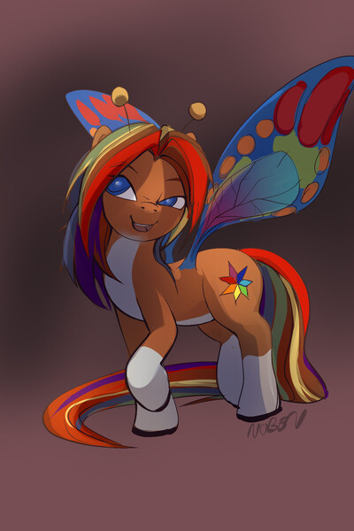 Size: 1200x1800 | Tagged: safe, artist:noben, derpibooru import, oc, oc:alynna, unofficial characters only, flutter pony, antennae, female, image, jpeg, multicolored hair, rainbow hair, solo, spread wings, wings