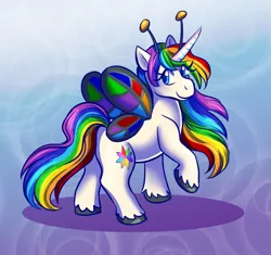 Size: 1401x1315 | Tagged: safe, artist:ryokonokalo, derpibooru import, oc, oc:alynna, unofficial characters only, alicorn, flutter pony, pony, flutter pony alicorn, image, jpeg, multicolored hair, rainbow hair, raised hoof, solo