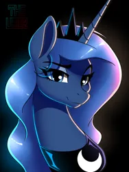 Size: 2304x3072 | Tagged: safe, artist:theuser, derpibooru import, princess luna, alicorn, pony, bust, derpibooru exclusive, eyebrows, eyebrows visible through hair, female, image, jewelry, mare, png, simple background, smiling, smirk, solo, tiara