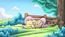 Size: 2560x1440 | Tagged: safe, artist:mysticalpha, derpibooru import, fluttershy, pony, image, lying down, png, prone, sleeping, solo, tree