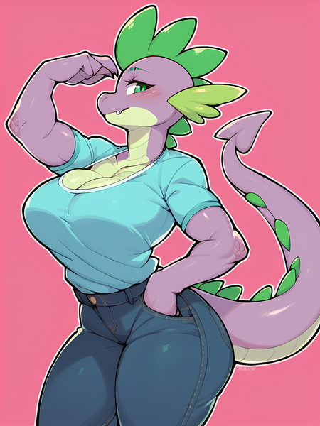 Size: 3072x4096 | Tagged: suggestive, ai content, derpibooru import, machine learning generated, stable diffusion, spike, anthro, dragon, barb, big breasts, blushing, breasts, busty barb, butt, clothes, denim, dragoness, female, g4, generator:pony diffusion v6 xl, generator:purplesmart.ai, hand on hip, image, jeans, large butt, muscles, pants, png, prompter:lerkyboy, rule 63, simple background, smiling, solo, solo female, thighs, thunder thighs, wide hips