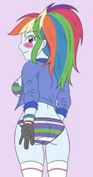 Size: 1788x3425 | Tagged: suggestive, artist:sumin6301, derpibooru import, rainbow dash, cat, human, equestria girls, 2d, ass, belly button, blushing, blushing profusely, boots, breasts, busty rainbow dash, butt, clothes, colored background, cute, female, g4, gloves, hand on hip, image, jacket, jpeg, legs, looking at you, looking back, looking back at you, open hand, panties, panty pull, pockets, purple background, rainbutt dash, rear view, shoes, sideboob, simple background, smiling, smiling at you, socks, solo, striped bra, striped panties, striped underwear, thigh highs, thigh socks, thighs, underwear, unzipped, white socks, wristband