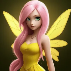 Size: 1024x1024 | Tagged: safe, ai content, derpibooru import, generator:stable cascade, machine learning generated, prompter:pawels, fluttershy, fairy, clothes, dress, female, g4, gradient background, image, jewelry, looking at you, necklace, png, solo