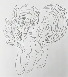 Size: 2385x2730 | Tagged: safe, derpibooru import, rainbow dash, pegasus, pony, blushing, chest fluff, flying, g4, grin, image, jpeg, raised hoof, smiling, solo, spread wings, traditional art, wings