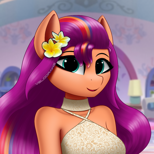 Size: 2000x2000 | Tagged: safe, artist:aryatheeditor, derpibooru import, sunny starscout, anthro, g5, beautiful, crystal brighthouse, cute, dream, flower, flower in hair, half body, halter, image, png, pretty, sunnybetes, tack