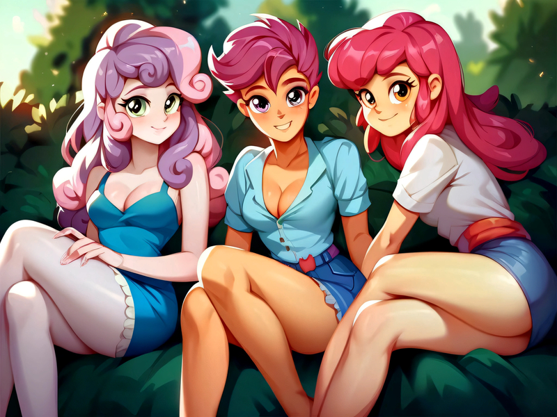 Size: 3000x2250 | Tagged: safe, ai content, anonymous prompter, derpibooru import, machine learning generated, stable diffusion, apple bloom, scootaloo, sweetie belle, human, bare shoulders, beautiful, breasts, cleavage, cutie mark crusaders, female, g4, generator:pony diffusion v6 xl, humanized, image, jpeg, older, older apple bloom, older cmc, older scootaloo, older sweetie belle, ponytail, sleeveless, trio, trio female