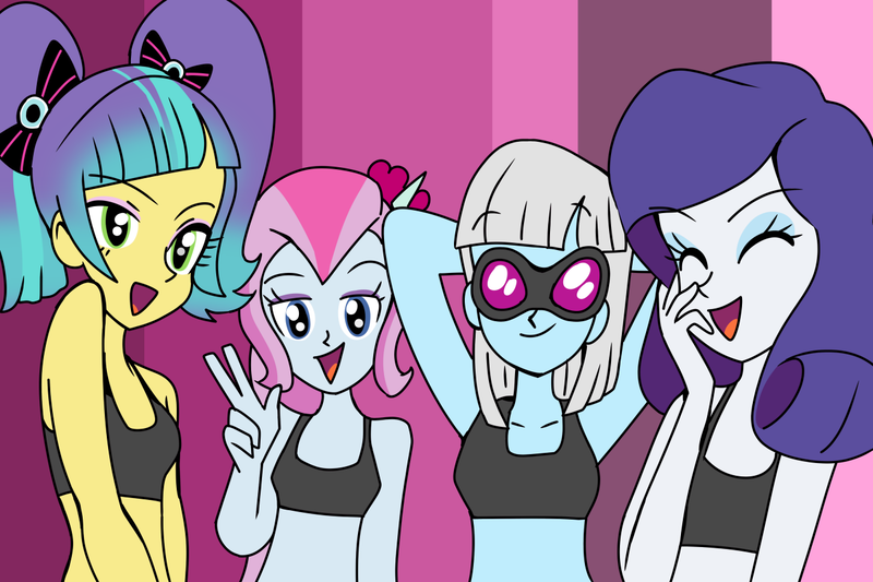 Size: 1300x866 | Tagged: safe, artist:lirudraw, derpibooru import, kiwi lollipop, photo finish, pixel pizazz, rarity, supernova zap, violet blurr, human, equestria girls, g4, ^^, arm behind head, bikini, breasts, busty kiwi lollipop, busty photo finish, busty rarity, busty supernova zap, clothes, cute, eyes closed, eyeshadow, goggles, image, laughing, lidded eyes, looking at you, makeup, open mouth, open smile, png, raribetes, smiling, smiling at you, swimsuit, the snapshots