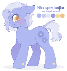 Size: 1861x1959 | Tagged: safe, artist:adostume, derpibooru import, oc, oc:niezapominajka, unofficial characters only, earth pony, blushing, color palette, cutie mark, digital art, image, looking at you, messy mane, png, raised hoof, reference sheet, simple background, standing, white background