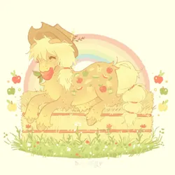 Size: 640x640 | Tagged: safe, artist:buwugy, derpibooru import, applejack, wheat grass, earth pony, pony, alternate color palette, alternate cutie mark, alternate design, alternate tailstyle, apple, applejack's hat, body freckles, butt fluff, coat markings, colored belly, colored hooves, colored muzzle, cowboy hat, cutie mark, eyelashes, eyes closed, female, floppy ears, flower, food, freckles, g4, grass, hat, hay bale, image, leg fluff, mare, mouth hold, png, ponytail, rainbow, rainbow text, signature, simple background, sitting, smiling, socks (coat marking), solo, sparkles, tail, text, tied tail, unshorn fetlocks, yellow background, yellow mane, yellow tail