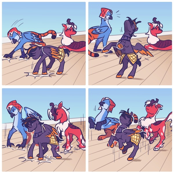 Size: 2048x2048 | Tagged: safe, artist:regularcitrus, derpibooru import, ponified, gryphon, kirin, pegasus, pony, 4 panel comic, alternate name, alternate universe, anime, comic, crossover, dancing, golden wind, guido mista, image, jojo's bizarre adventure, jpeg, kirn, long description, mlp x jojo, narancia ghirga, pannacotta fugo, simple background, white background